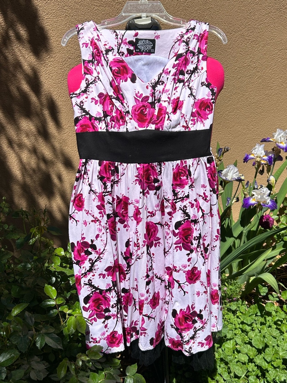 Hearts & Roses Pink Floral Dress with Black Waistband